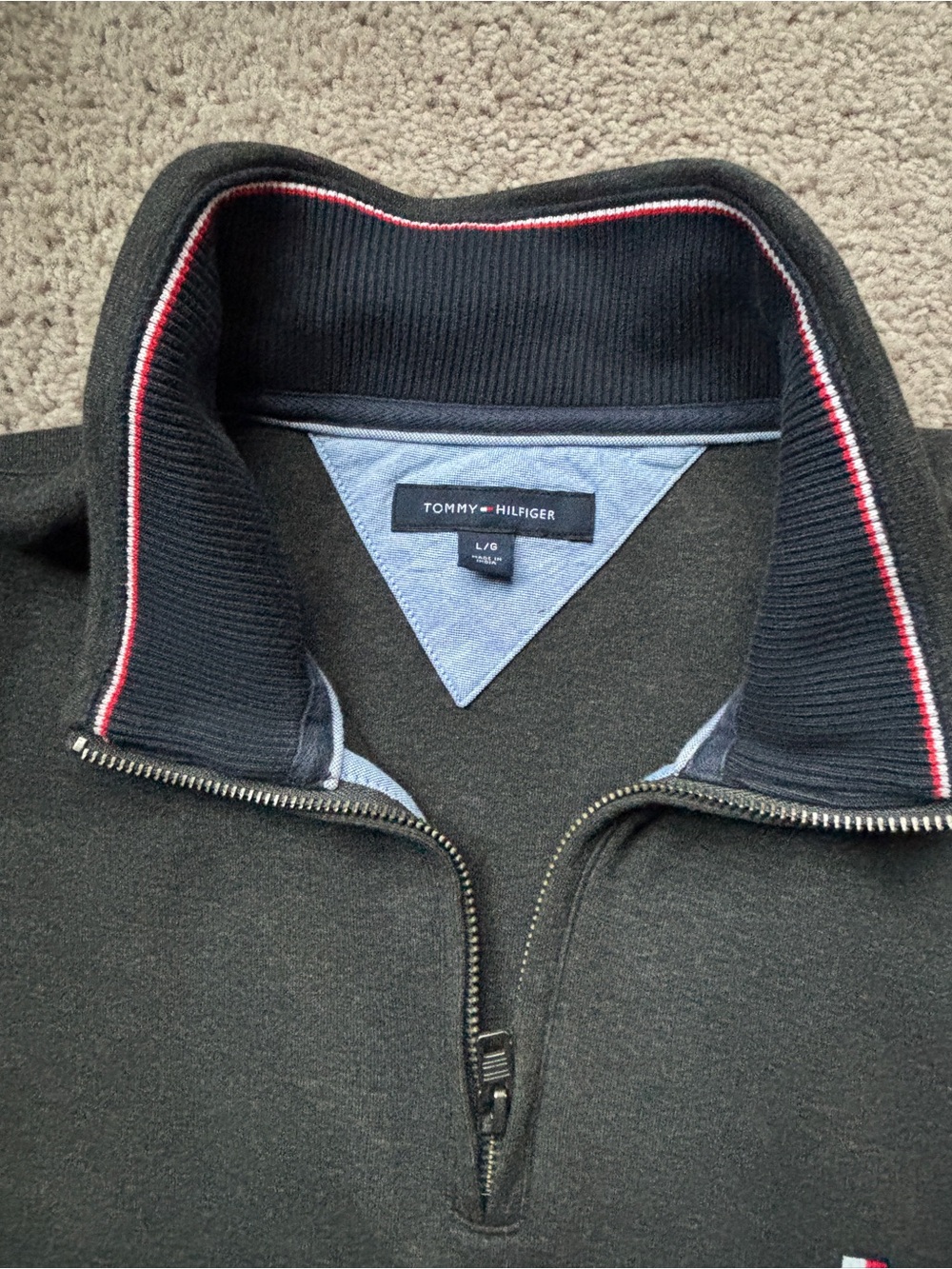 Tommy Hilfiger Quarter-Zip Grey Navy Sweater with Red-Trim Collar